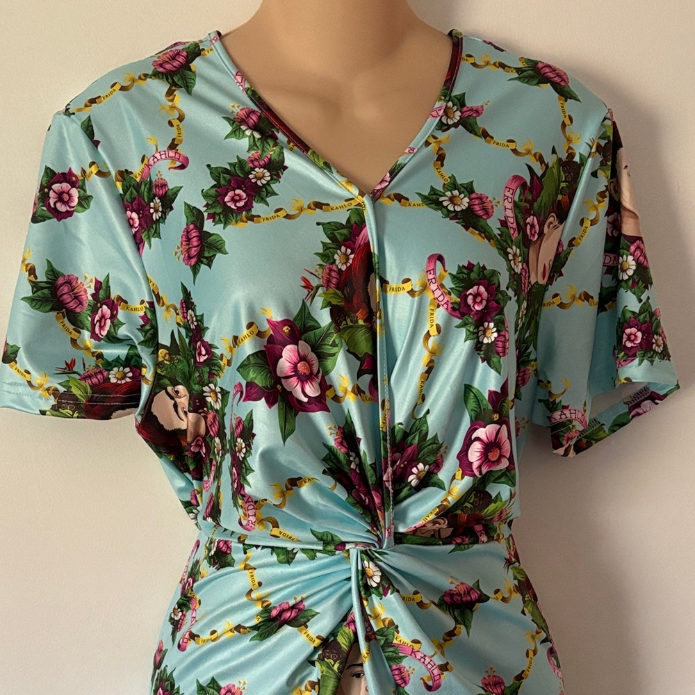 SHEIN Floral Frida Kahlo Knot Front Midi Dress - Teal and Magenta